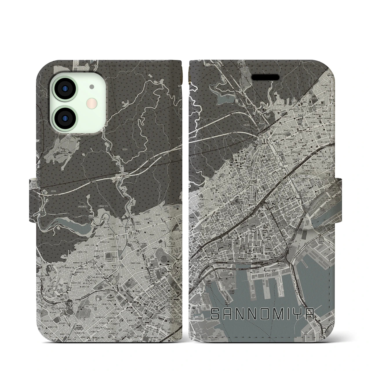 【三宮(兵庫県)】地図柄iPhoneケース(手帳タイプ)モノトーン・iPhone 12 mini 用