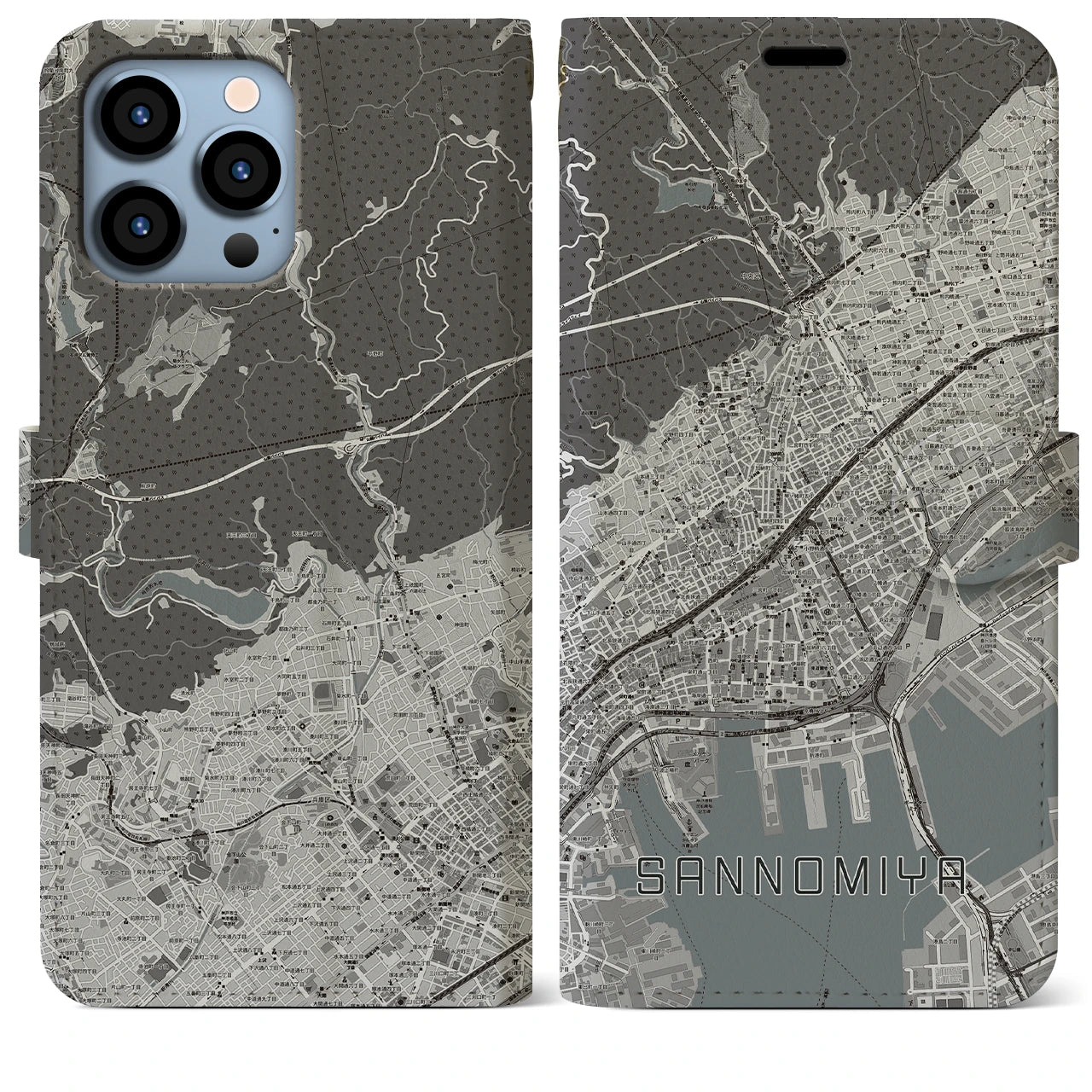 【三宮(兵庫県)】地図柄iPhoneケース(手帳タイプ)モノトーン・iPhone 13 Pro Max 用