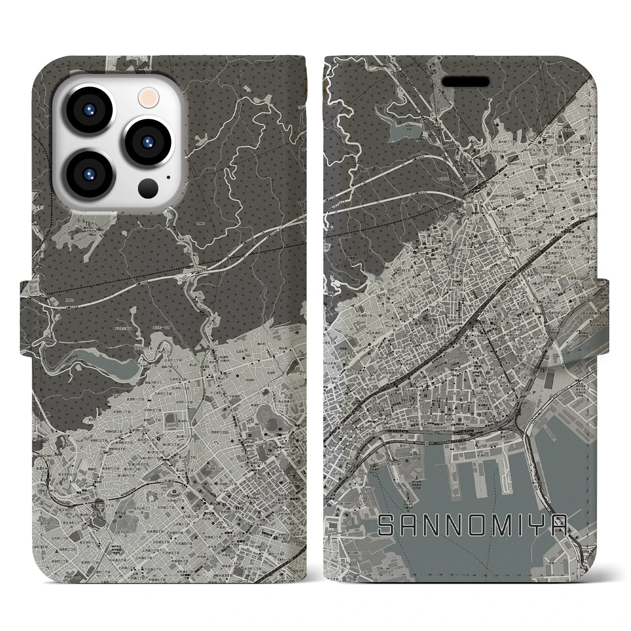 【三宮(兵庫県)】地図柄iPhoneケース(手帳タイプ)モノトーン・iPhone 13 Pro 用