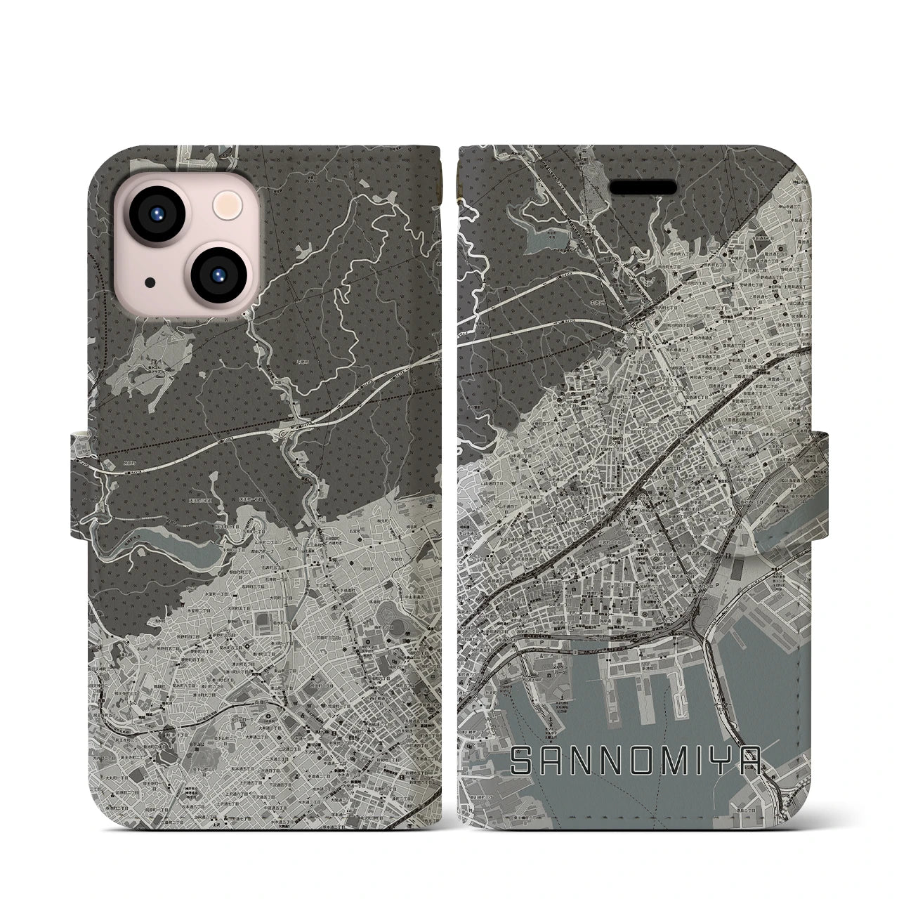 【三宮(兵庫県)】地図柄iPhoneケース(手帳タイプ)モノトーン・iPhone 13 mini 用