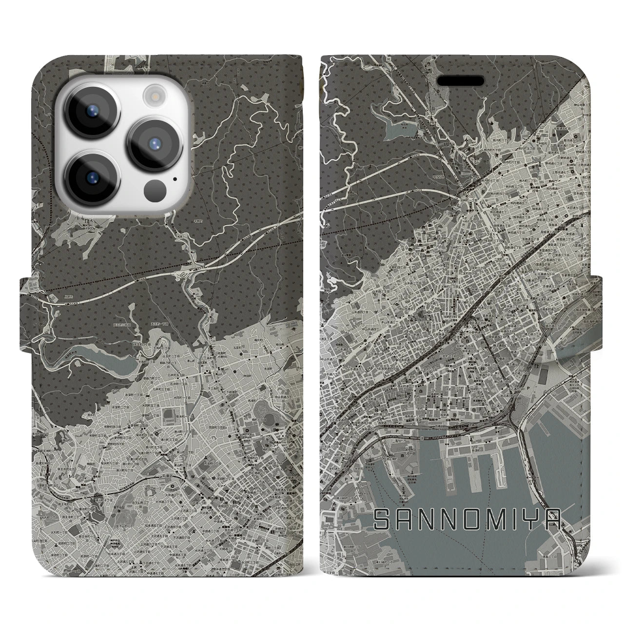 【三宮(兵庫県)】地図柄iPhoneケース(手帳タイプ)モノトーン・iPhone 14 Pro 用