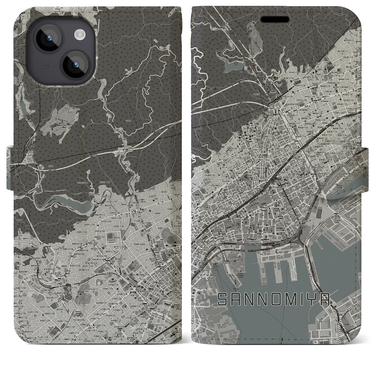 【三宮(兵庫県)】地図柄iPhoneケース(手帳タイプ)モノトーン・iPhone 14 Plus 用