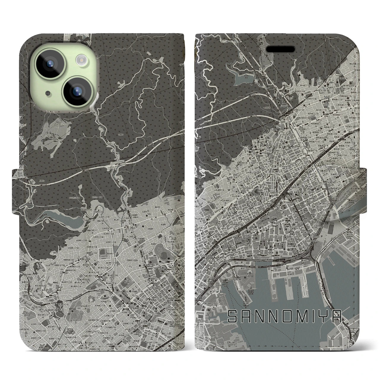 【三宮(兵庫県)】地図柄iPhoneケース(手帳タイプ)モノトーン・iPhone 15 用