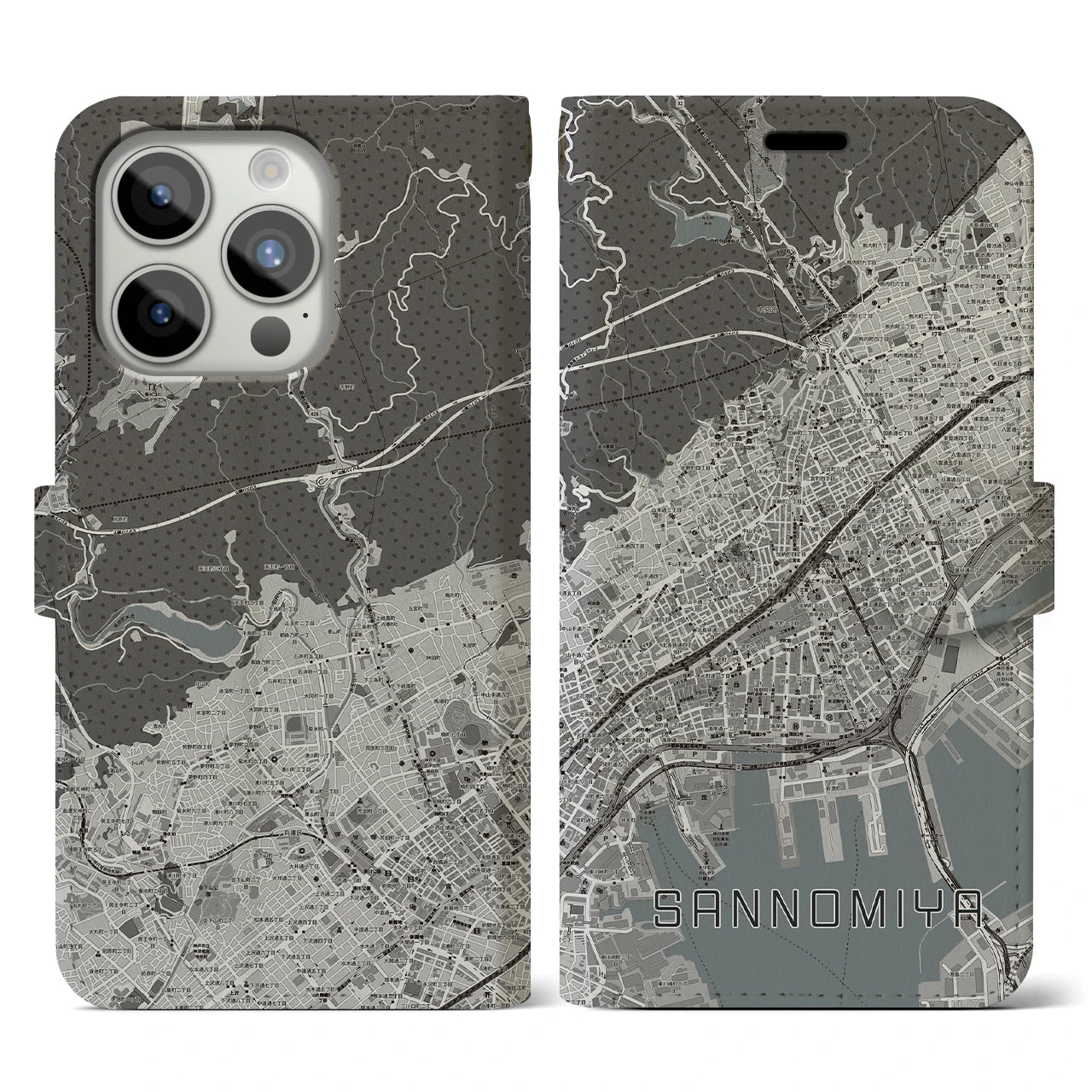 【三宮(兵庫県)】地図柄iPhoneケース(手帳タイプ)モノトーン・iPhone 15 Pro 用