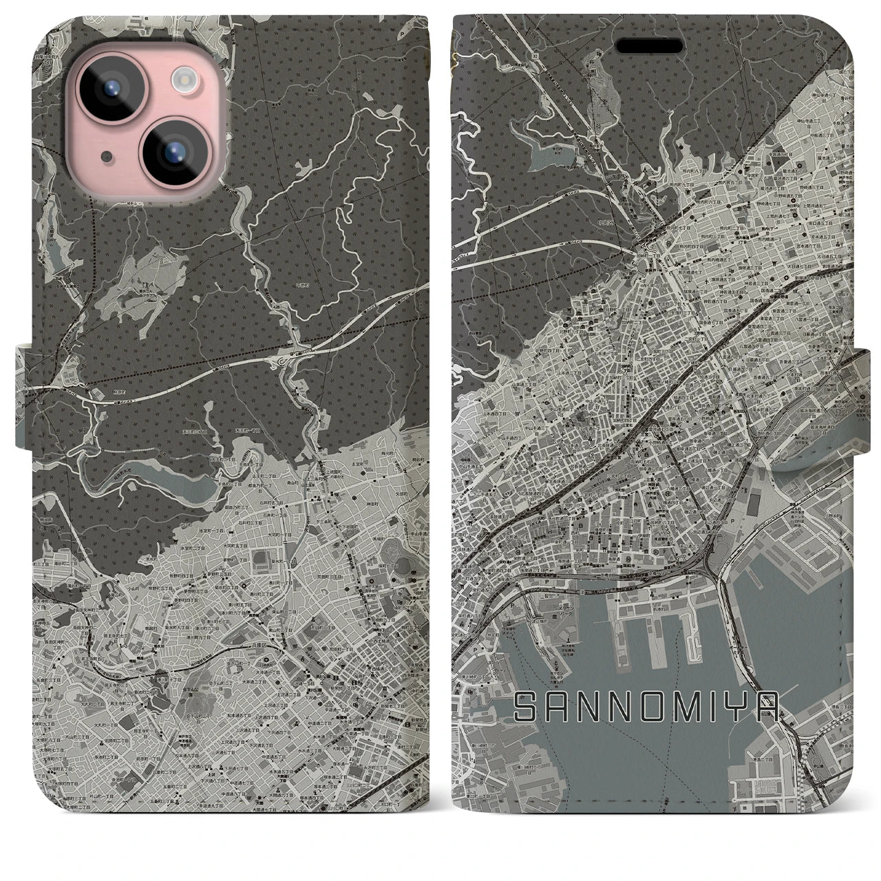 【三宮(兵庫県)】地図柄iPhoneケース(手帳タイプ)モノトーン・iPhone 15 Plus 用