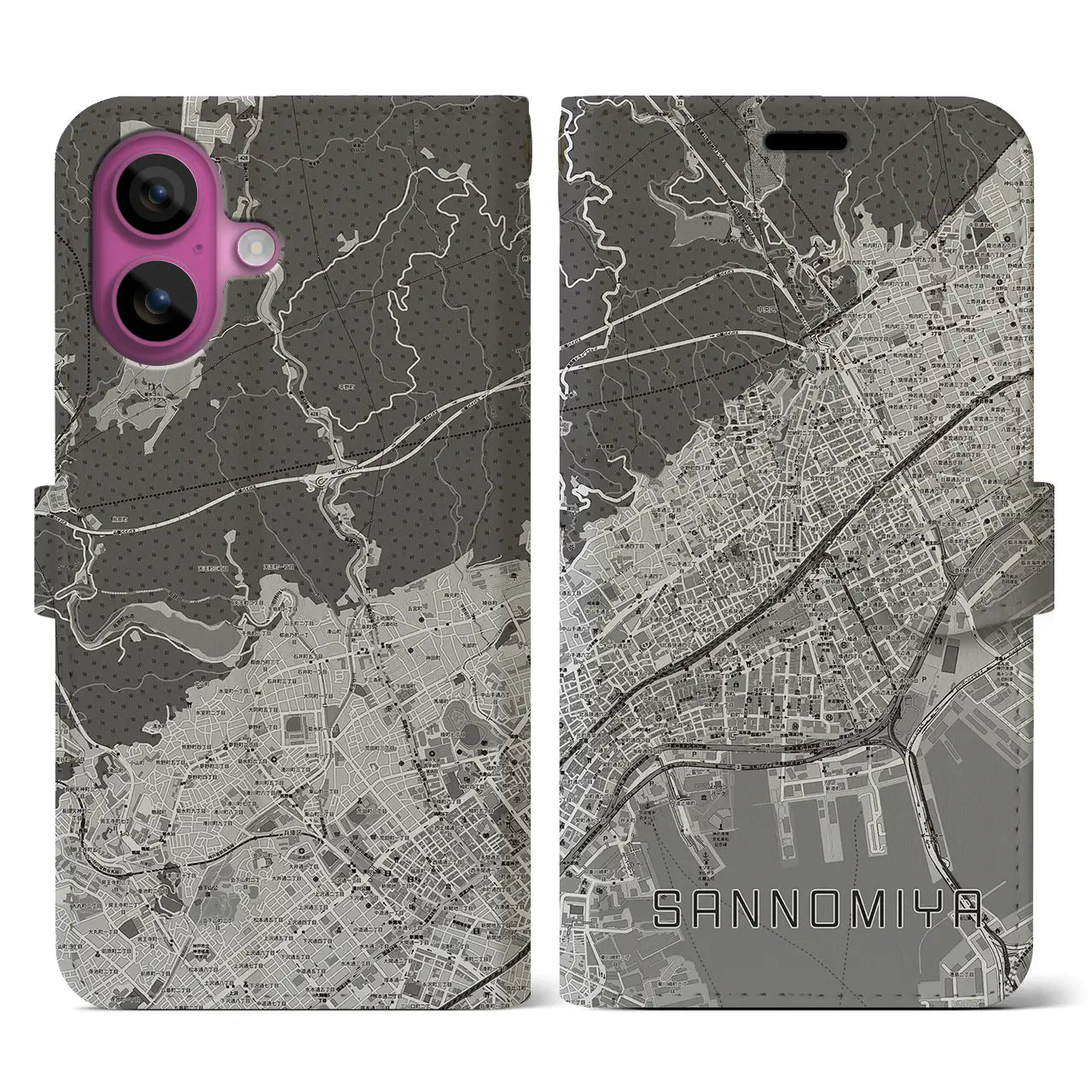 【三宮(兵庫県)】地図柄iPhoneケース(手帳タイプ)モノトーン・iPhone 16 Pro 用