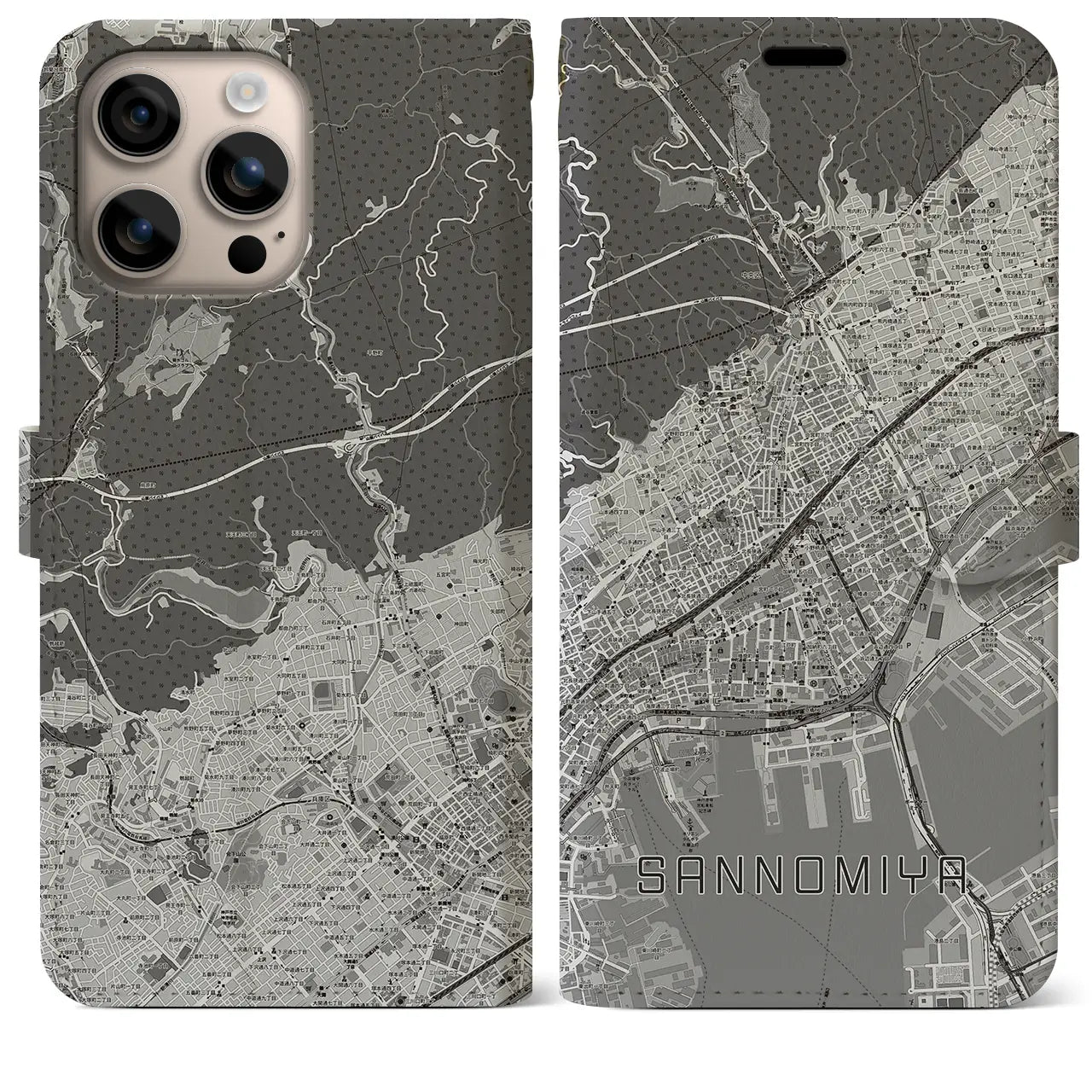 【三宮(兵庫県)】地図柄iPhoneケース(手帳タイプ)モノトーン・iPhone 16 Plus 用