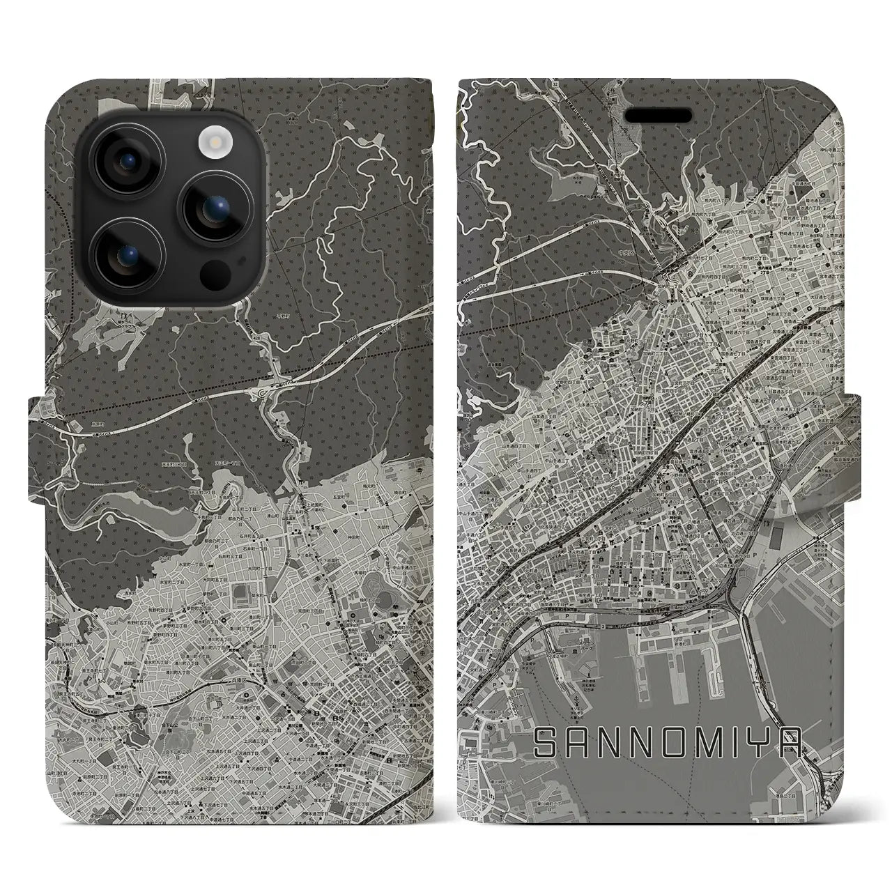 【三宮(兵庫県)】地図柄iPhoneケース(手帳タイプ)モノトーン・iPhone 16 用