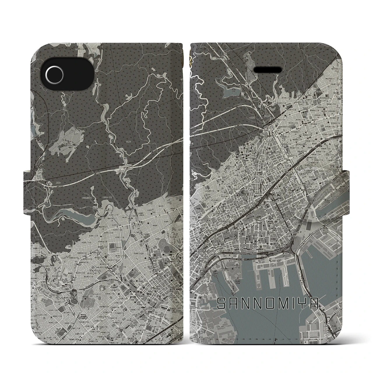 【三宮(兵庫県)】地図柄iPhoneケース(手帳タイプ)モノトーン・iPhone SE(第3 / 第2世代) / 8 / 7 / 6s / 6 用