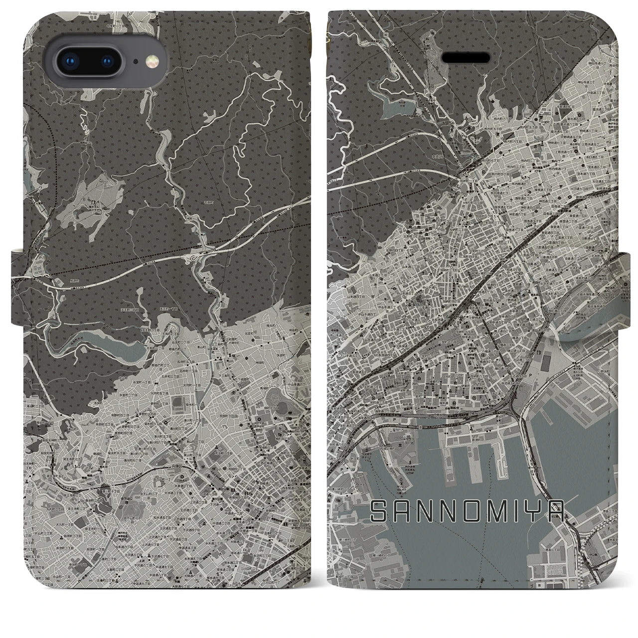 【三宮(兵庫県)】地図柄iPhoneケース(手帳タイプ)モノトーン・iPhone 8Plus /7Plus / 6sPlus / 6Plus 用