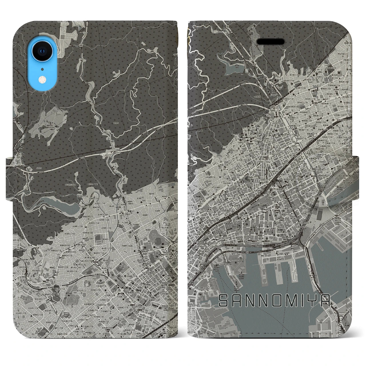 【三宮(兵庫県)】地図柄iPhoneケース(手帳タイプ)モノトーン・iPhone XR 用