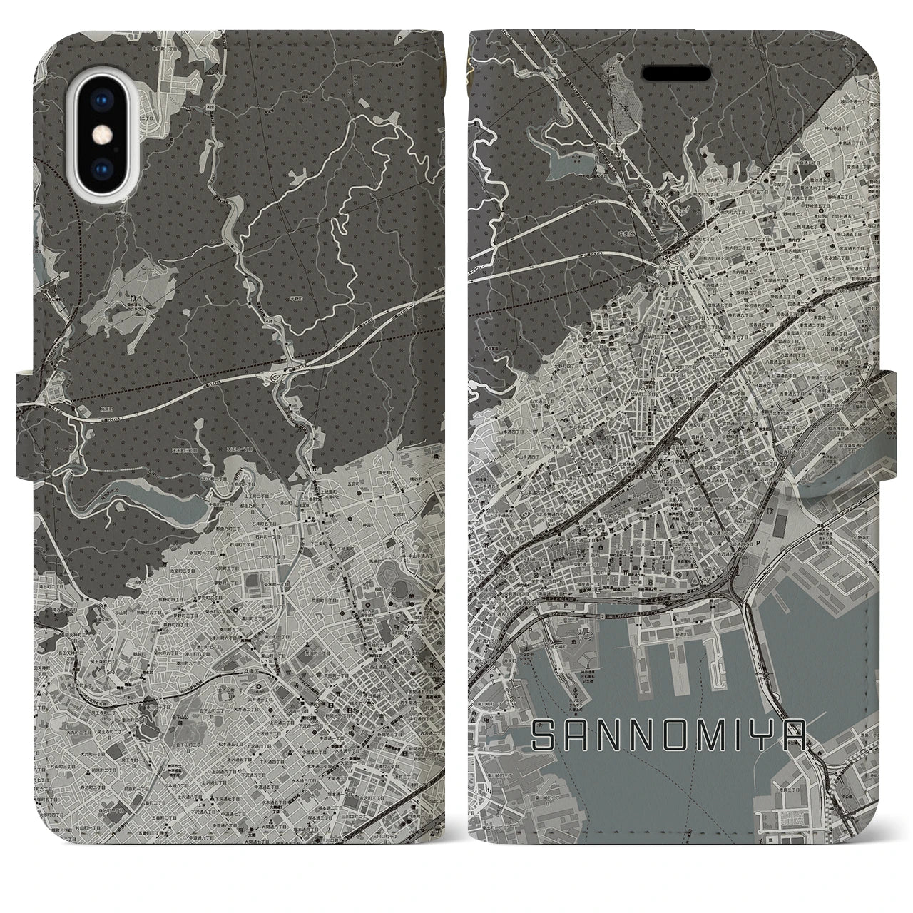 【三宮(兵庫県)】地図柄iPhoneケース(手帳タイプ)モノトーン・iPhone XS Max 用