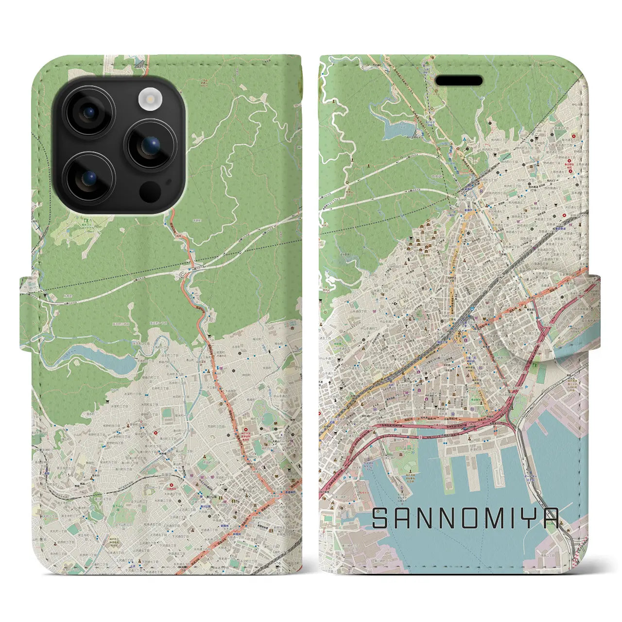【三宮(兵庫県)】地図柄iPhoneケース(手帳タイプ)ナチュラル・iPhone 16 用