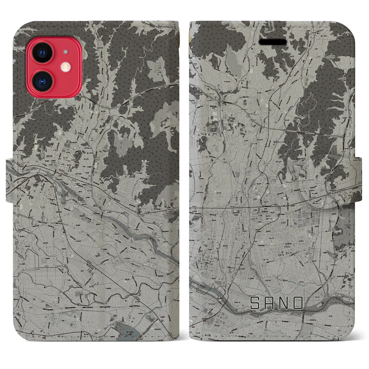【佐野(栃木県)】地図柄iPhoneケース(手帳タイプ)モノトーン・iPhone 11 用