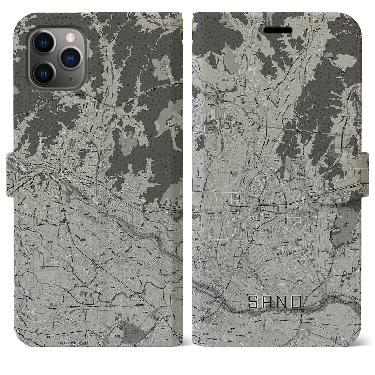 【佐野(栃木県)】地図柄iPhoneケース(手帳タイプ)モノトーン・iPhone 11 Pro Max 用