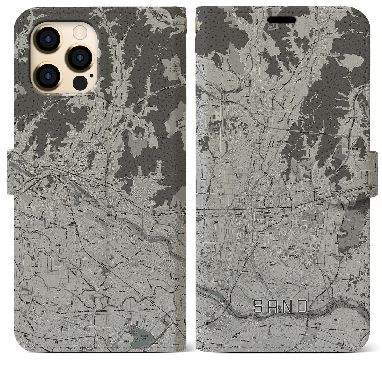 【佐野(栃木県)】地図柄iPhoneケース(手帳タイプ)モノトーン・iPhone 12 Pro Max 用