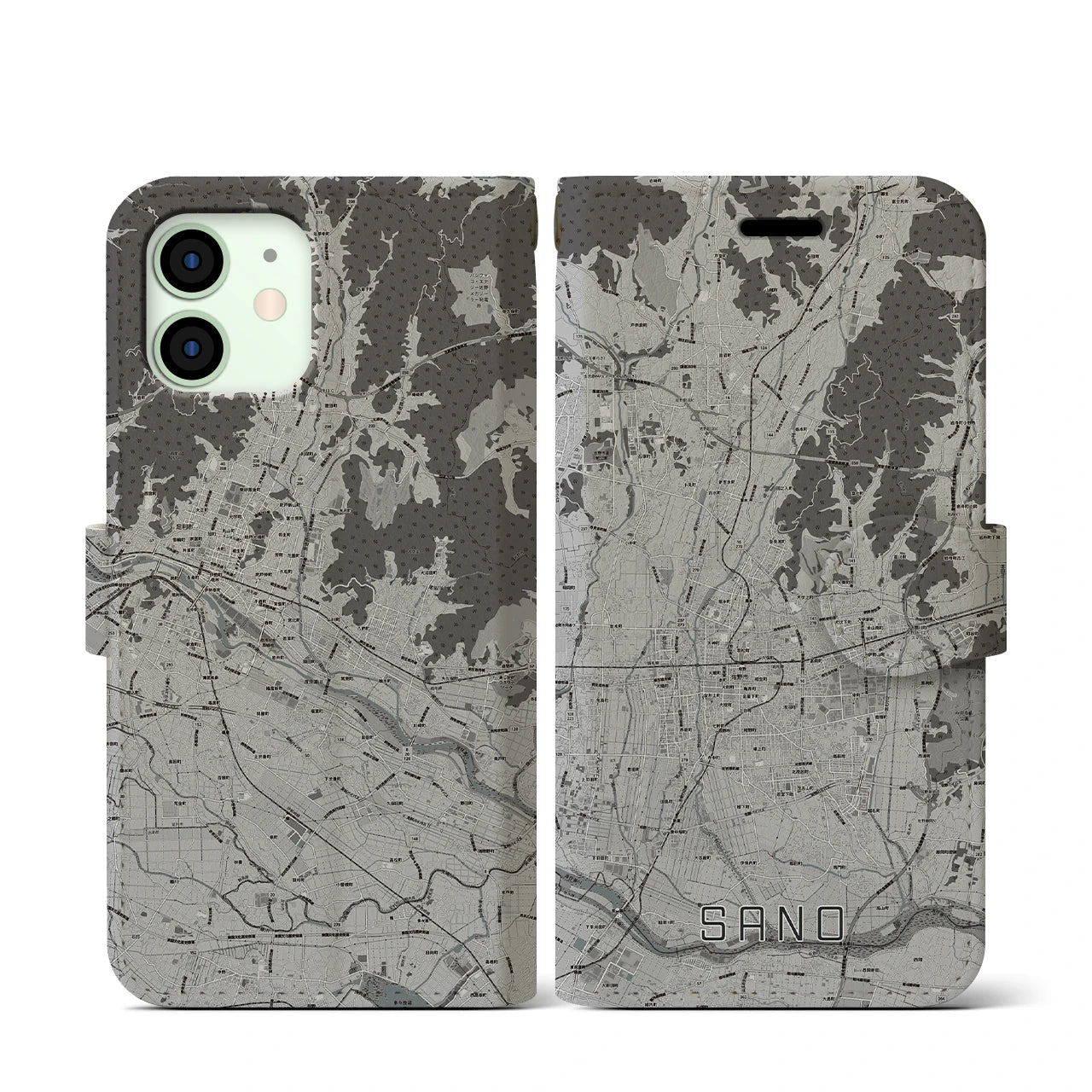 【佐野(栃木県)】地図柄iPhoneケース(手帳タイプ)モノトーン・iPhone 12 mini 用