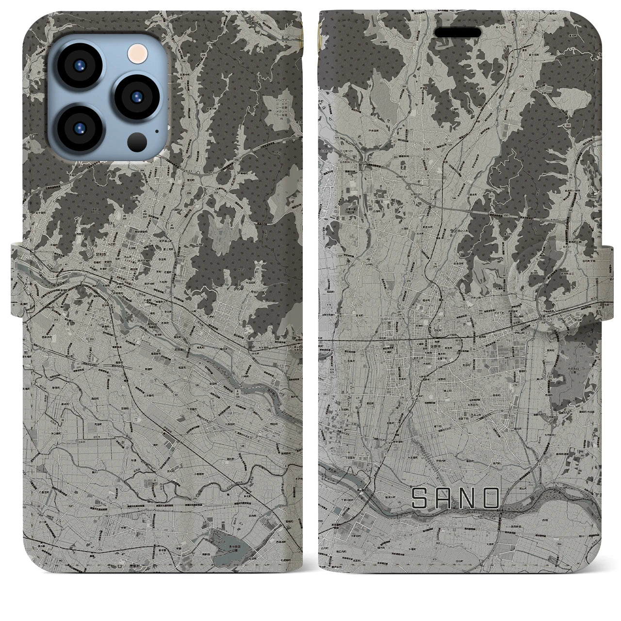 【佐野(栃木県)】地図柄iPhoneケース(手帳タイプ)モノトーン・iPhone 13 Pro Max 用