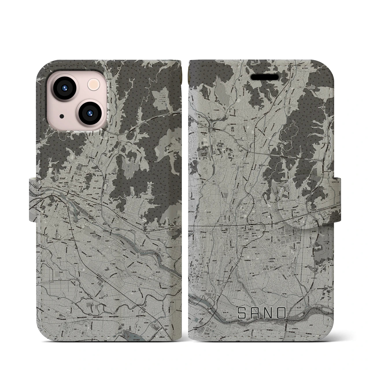 【佐野(栃木県)】地図柄iPhoneケース(手帳タイプ)モノトーン・iPhone 13 mini 用