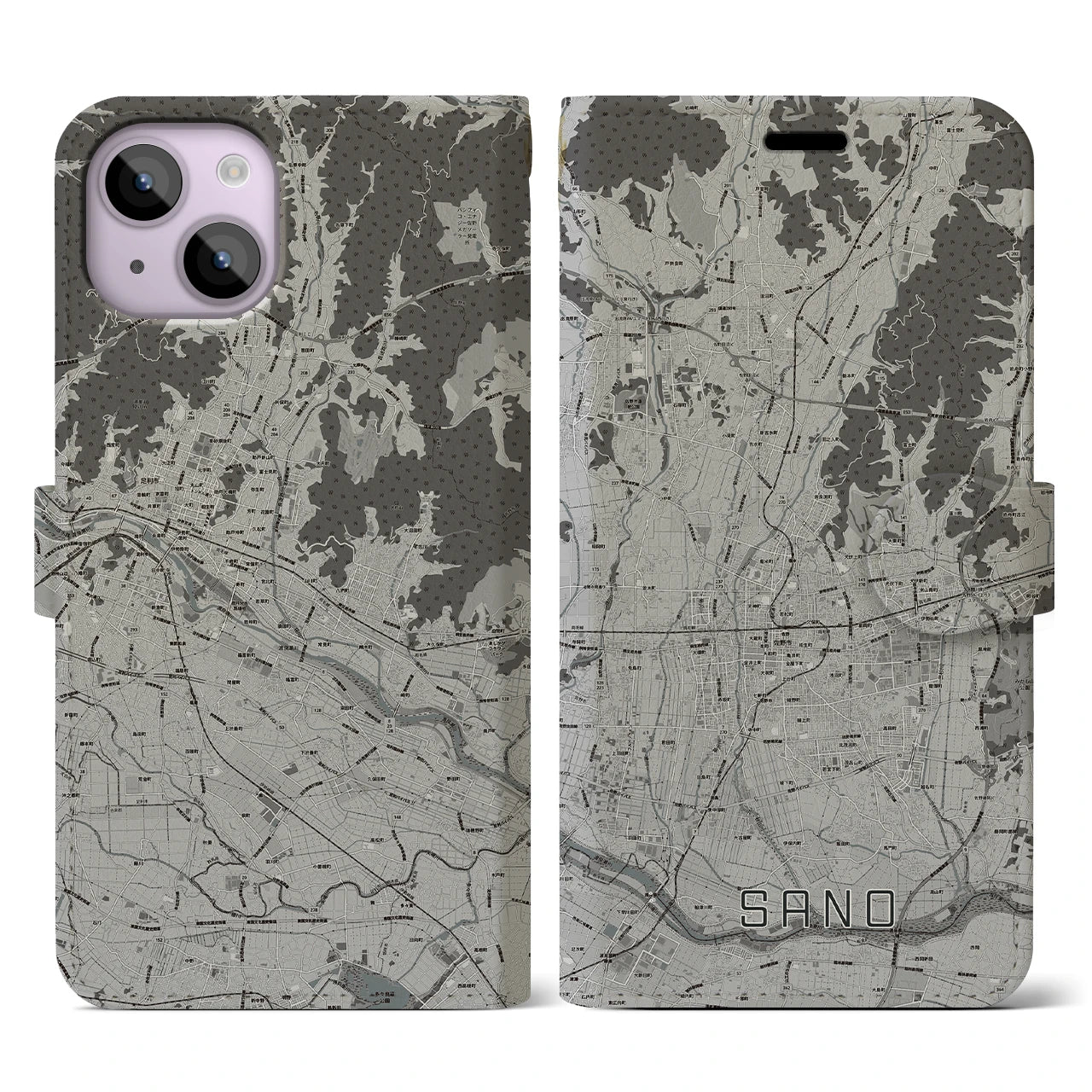 【佐野(栃木県)】地図柄iPhoneケース(手帳タイプ)モノトーン・iPhone 14 用