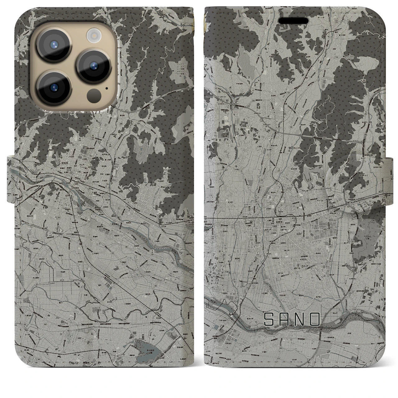 【佐野(栃木県)】地図柄iPhoneケース(手帳タイプ)モノトーン・iPhone 14 Pro Max 用