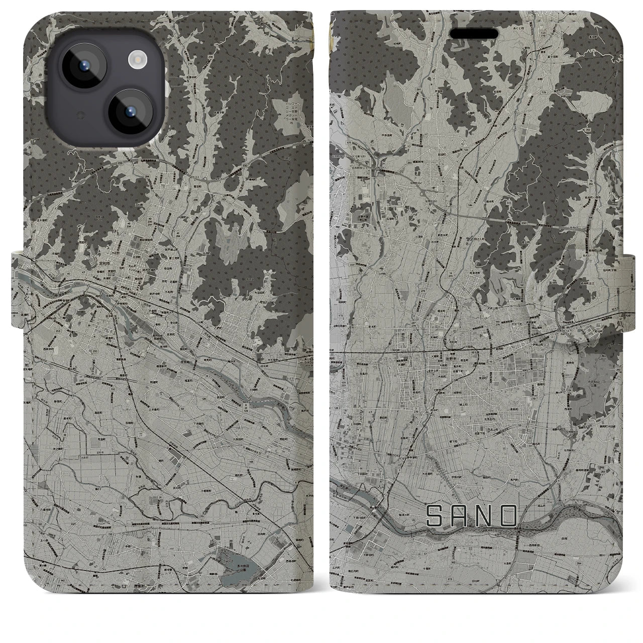 【佐野(栃木県)】地図柄iPhoneケース(手帳タイプ)モノトーン・iPhone 14 Plus 用