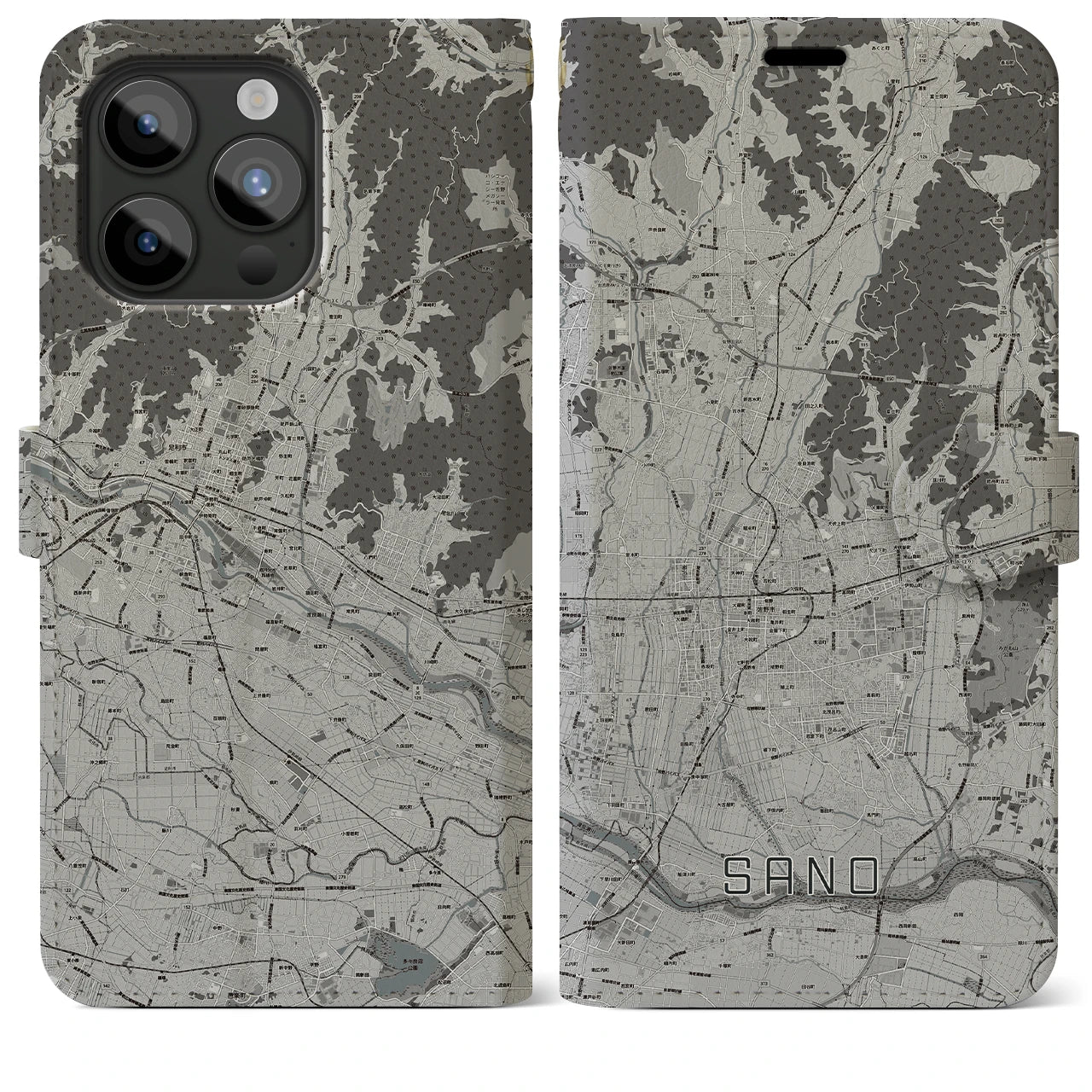 【佐野(栃木県)】地図柄iPhoneケース(手帳タイプ)モノトーン・iPhone 15 Pro Max 用