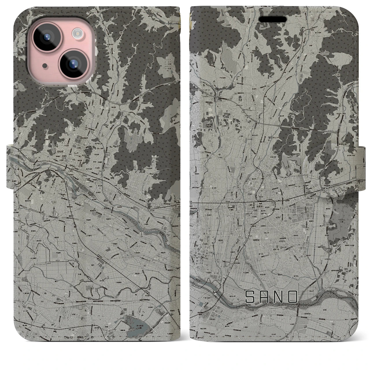 【佐野(栃木県)】地図柄iPhoneケース(手帳タイプ)モノトーン・iPhone 15 Plus 用
