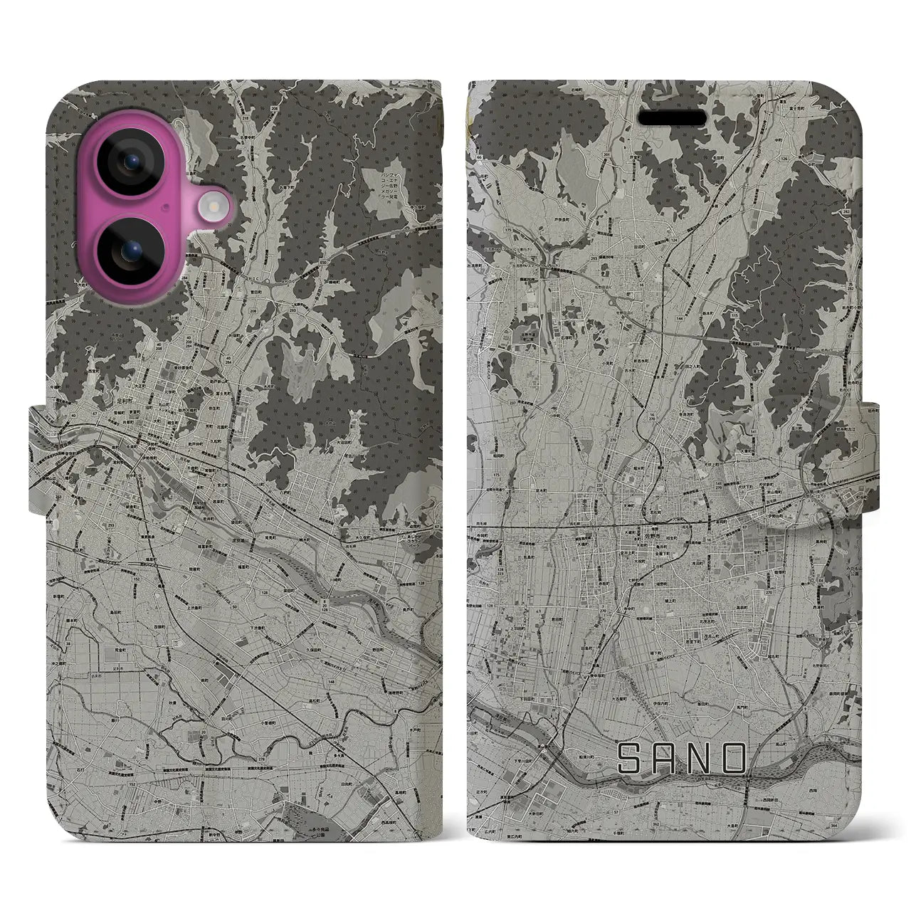 【佐野(栃木県)】地図柄iPhoneケース(手帳タイプ)モノトーン・iPhone 16 Pro 用