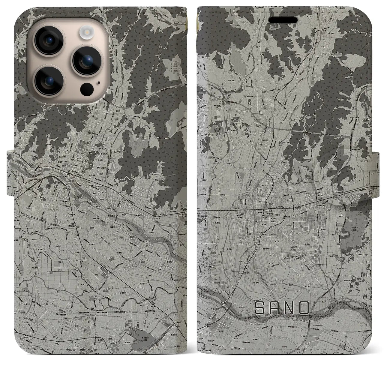 【佐野(栃木県)】地図柄iPhoneケース(手帳タイプ)モノトーン・iPhone 16 Plus 用