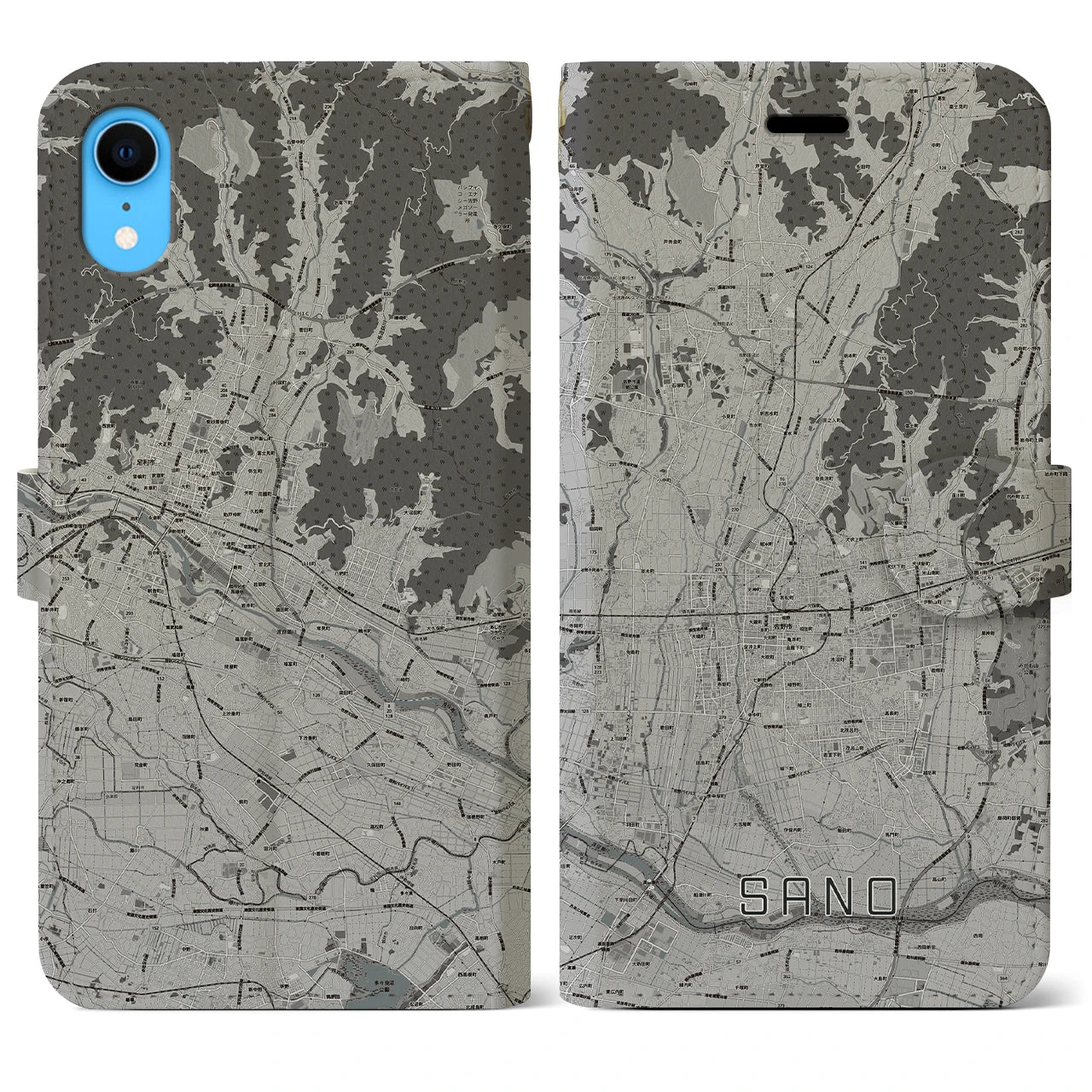 【佐野(栃木県)】地図柄iPhoneケース(手帳タイプ)モノトーン・iPhone XR 用