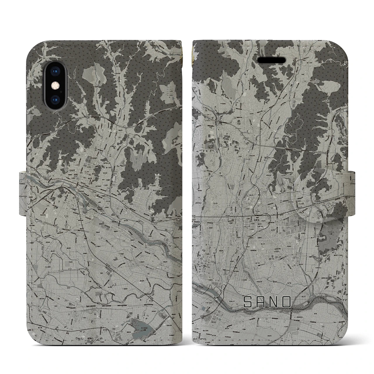 【佐野(栃木県)】地図柄iPhoneケース(手帳タイプ)モノトーン・iPhone XS / X 用