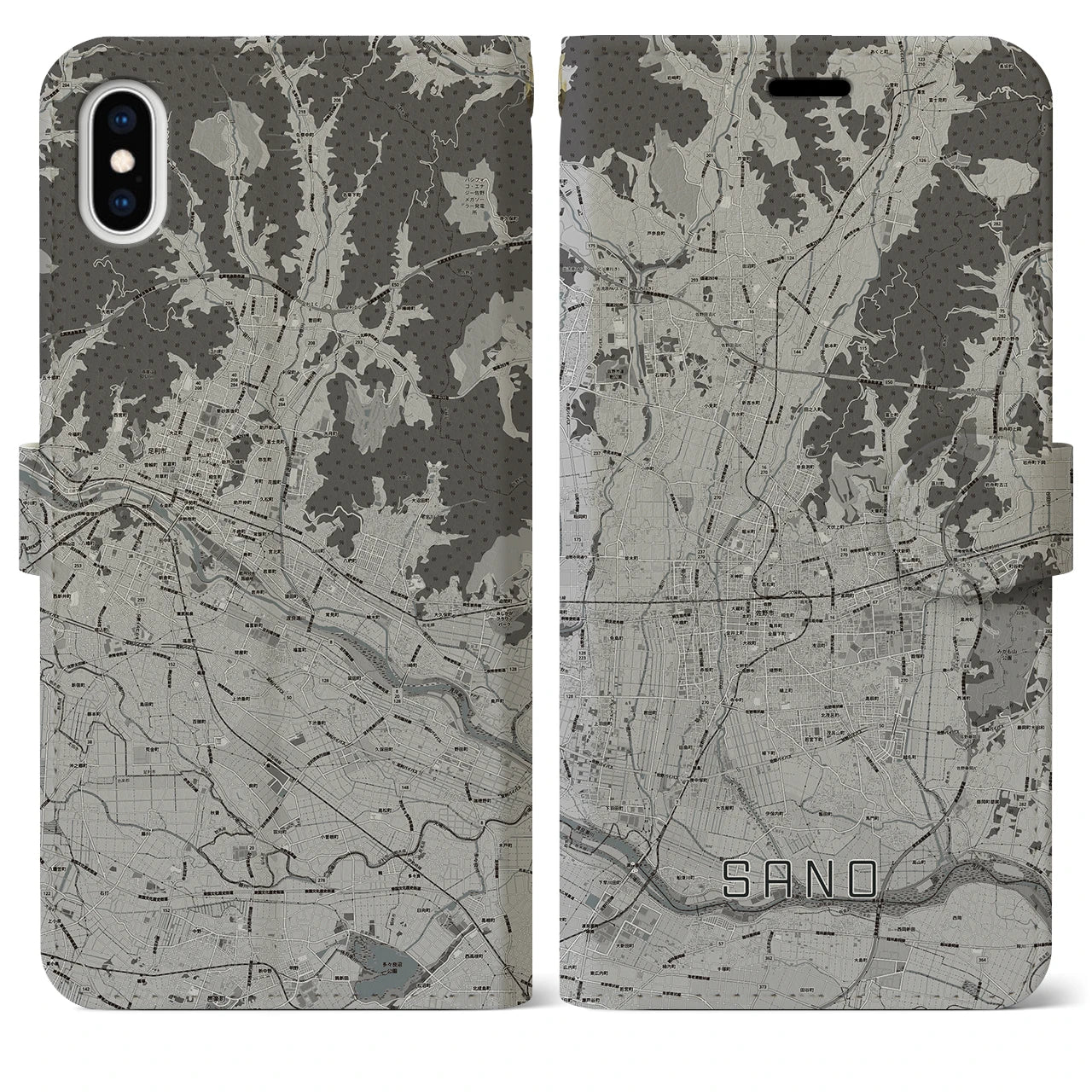 【佐野(栃木県)】地図柄iPhoneケース(手帳タイプ)モノトーン・iPhone XS Max 用