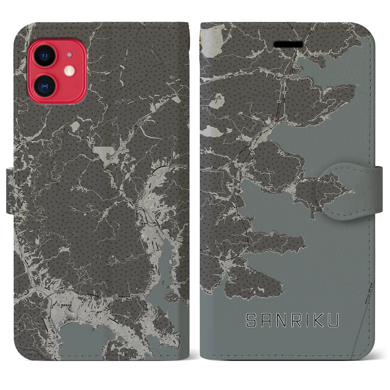 【三陸(岩手県)】地図柄iPhoneケース(手帳タイプ)モノトーン・iPhone 11 用