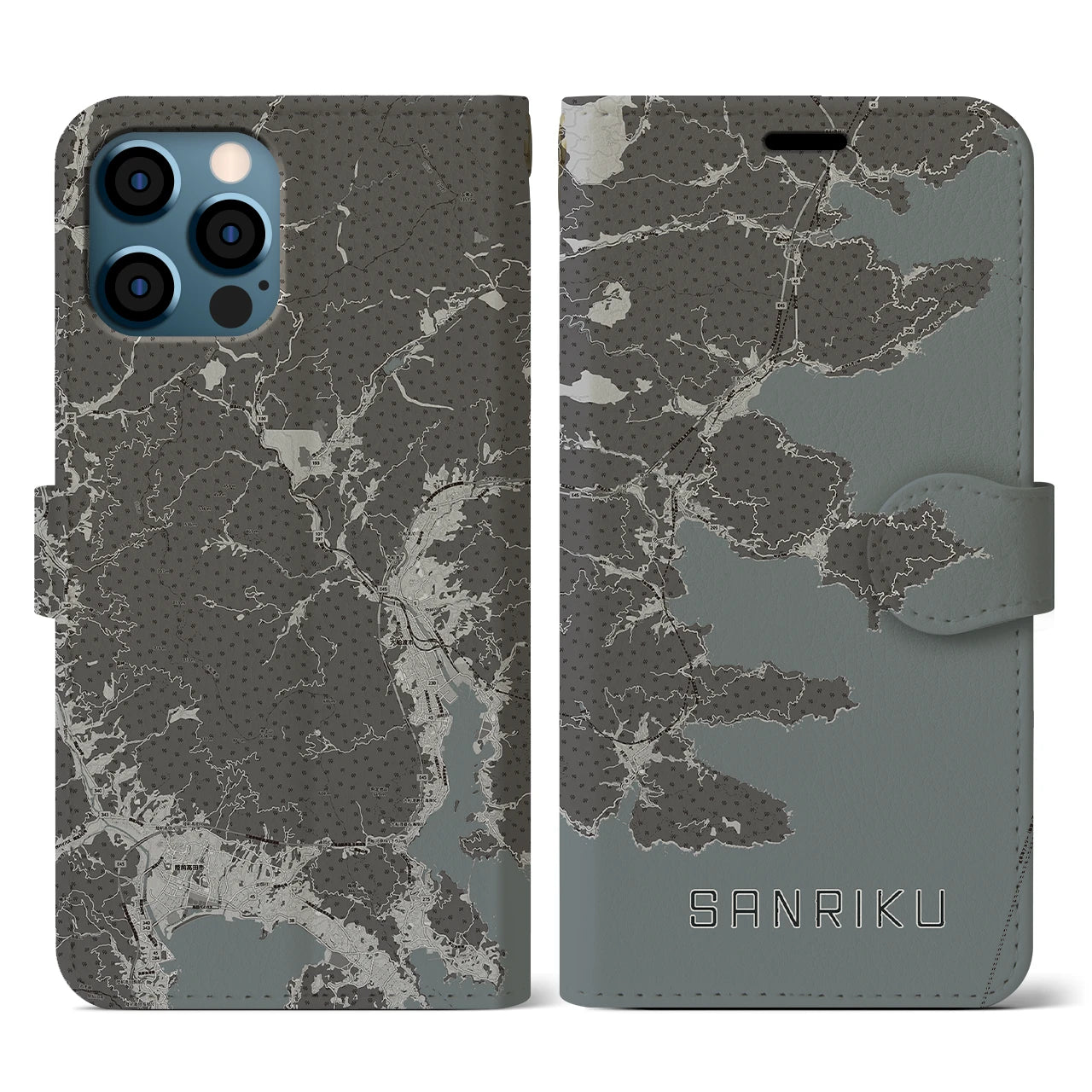 【三陸(岩手県)】地図柄iPhoneケース(手帳タイプ)モノトーン・iPhone 12 / 12 Pro 用