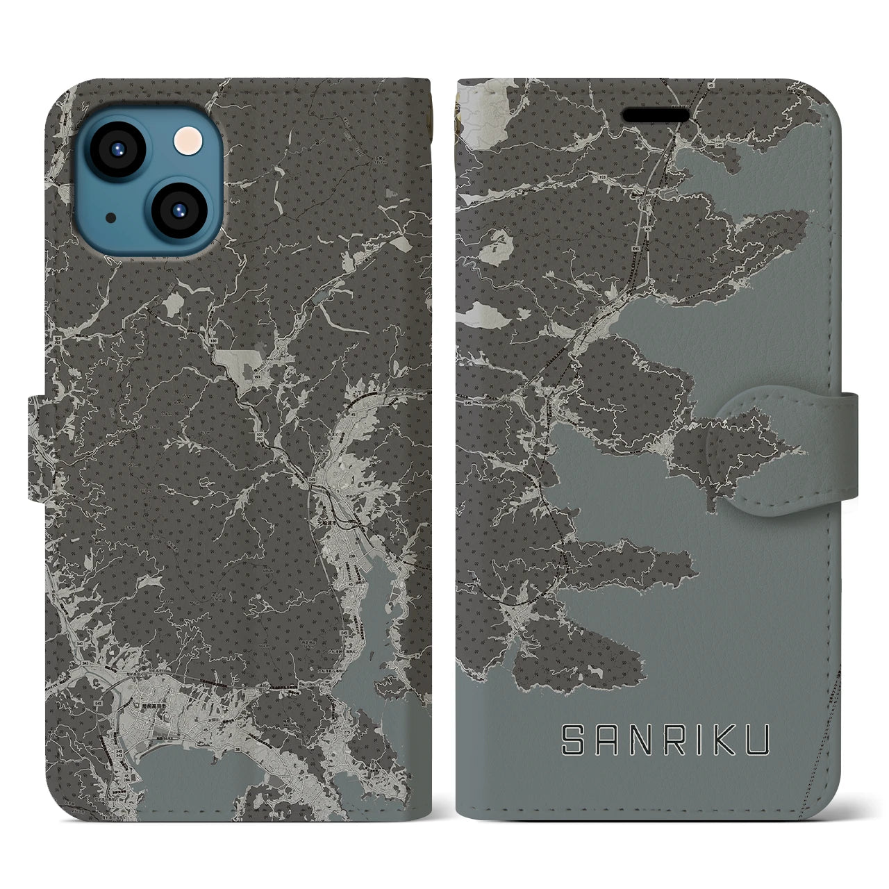 【三陸(岩手県)】地図柄iPhoneケース(手帳タイプ)モノトーン・iPhone 13 用