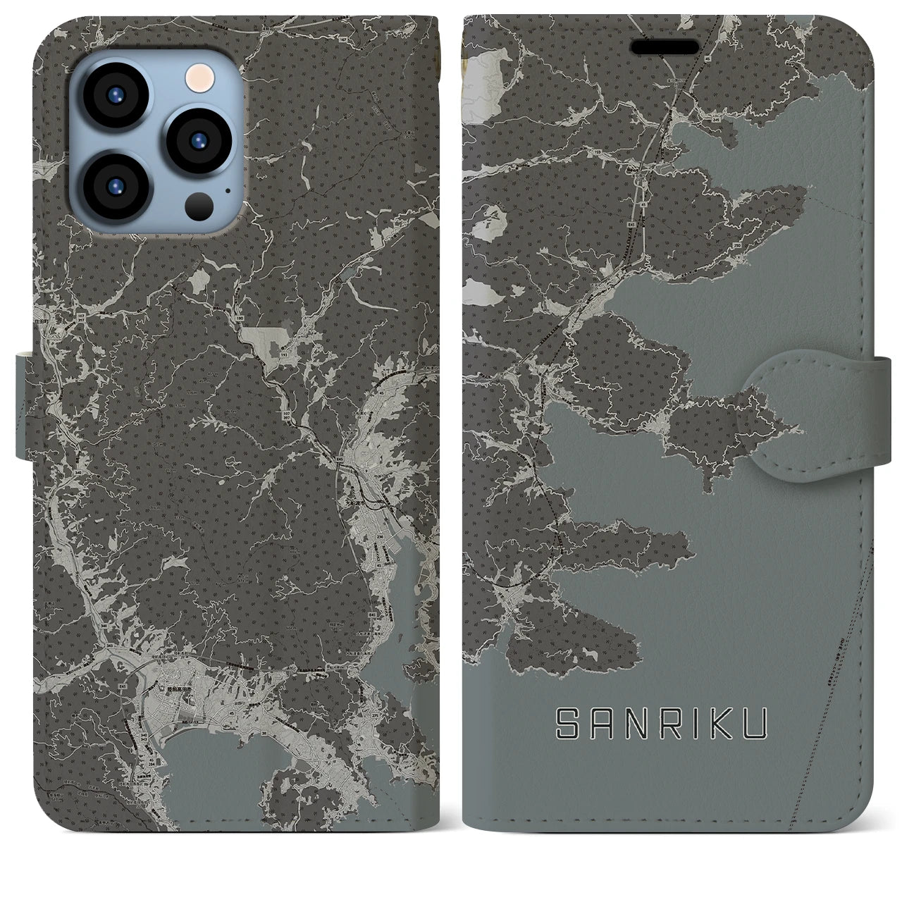 【三陸(岩手県)】地図柄iPhoneケース(手帳タイプ)モノトーン・iPhone 13 Pro Max 用