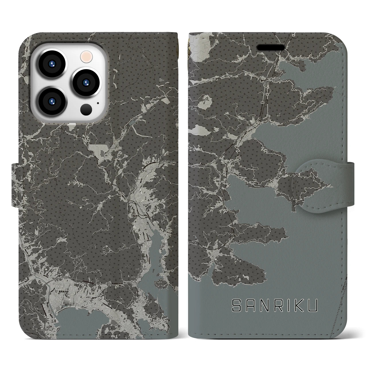 【三陸(岩手県)】地図柄iPhoneケース(手帳タイプ)モノトーン・iPhone 13 Pro 用