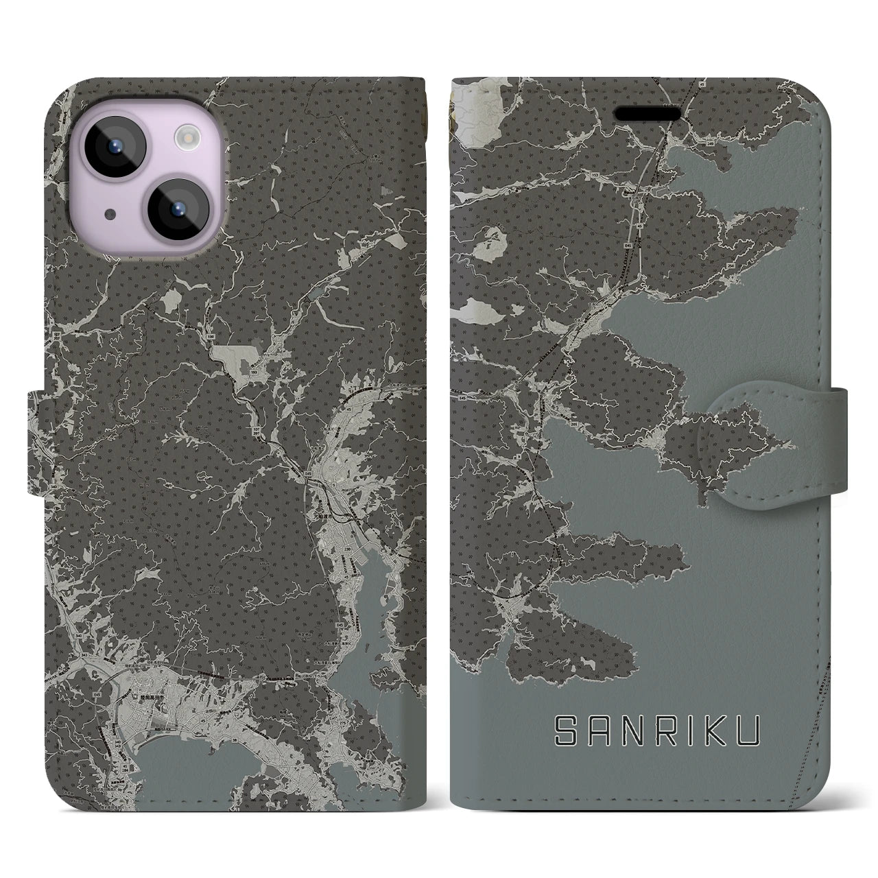 【三陸(岩手県)】地図柄iPhoneケース(手帳タイプ)モノトーン・iPhone 14 用