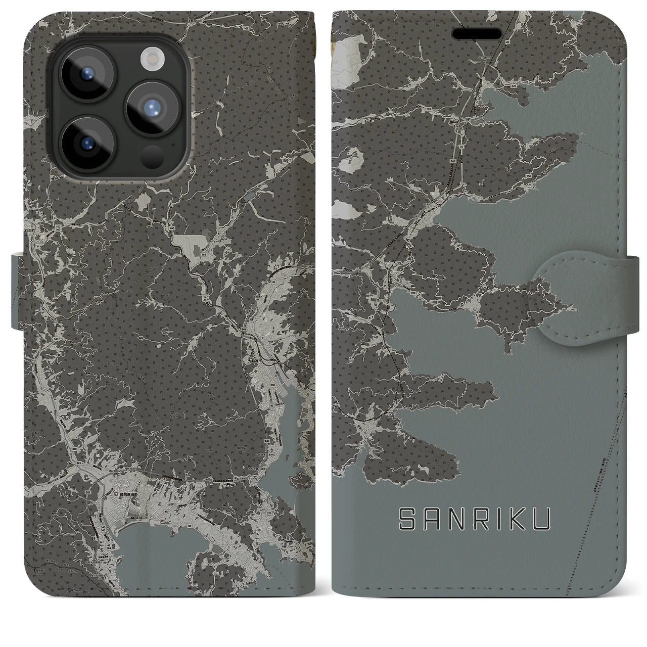 【三陸(岩手県)】地図柄iPhoneケース(手帳タイプ)モノトーン・iPhone 15 Pro Max 用