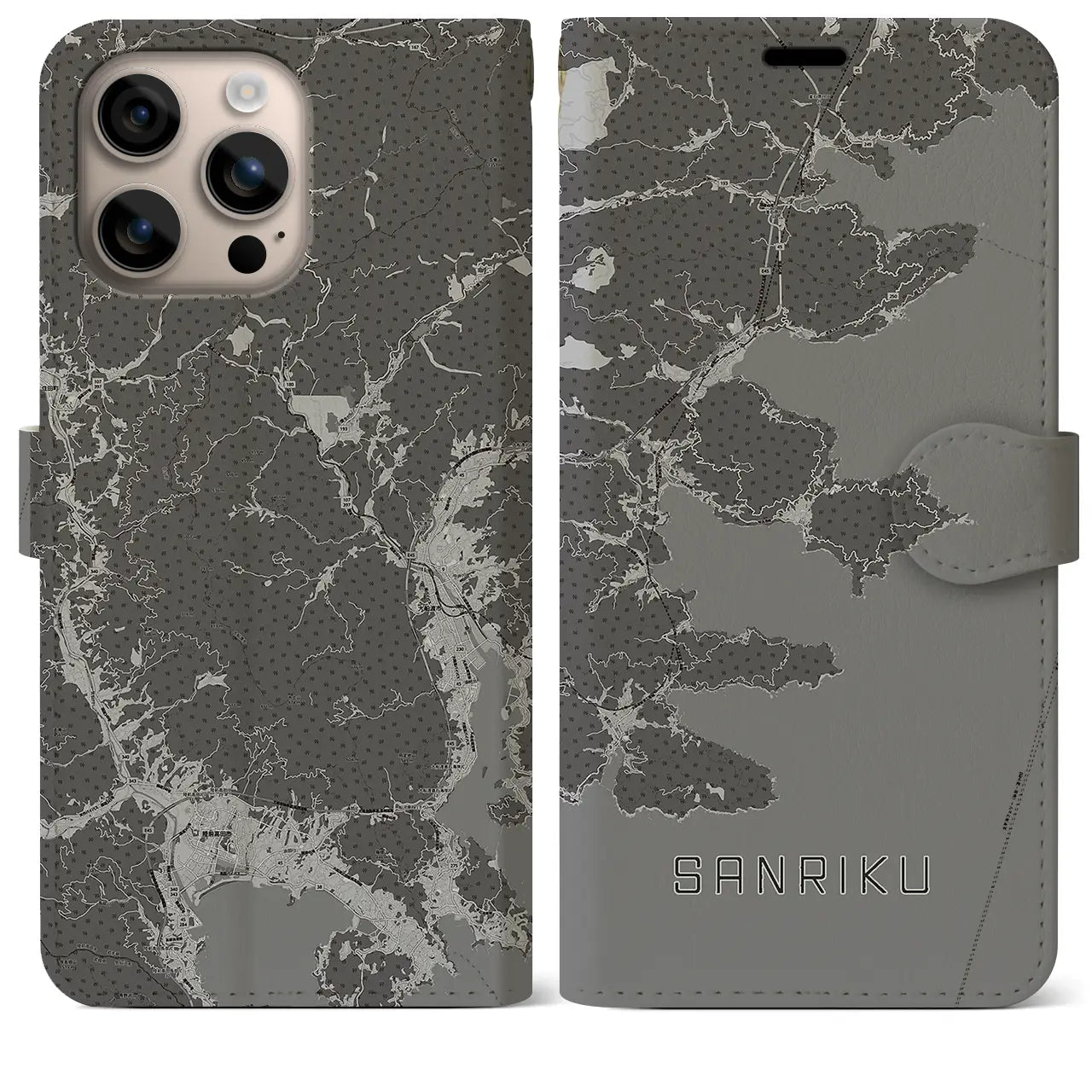 【三陸(岩手県)】地図柄iPhoneケース(手帳タイプ)モノトーン・iPhone 16 Plus 用