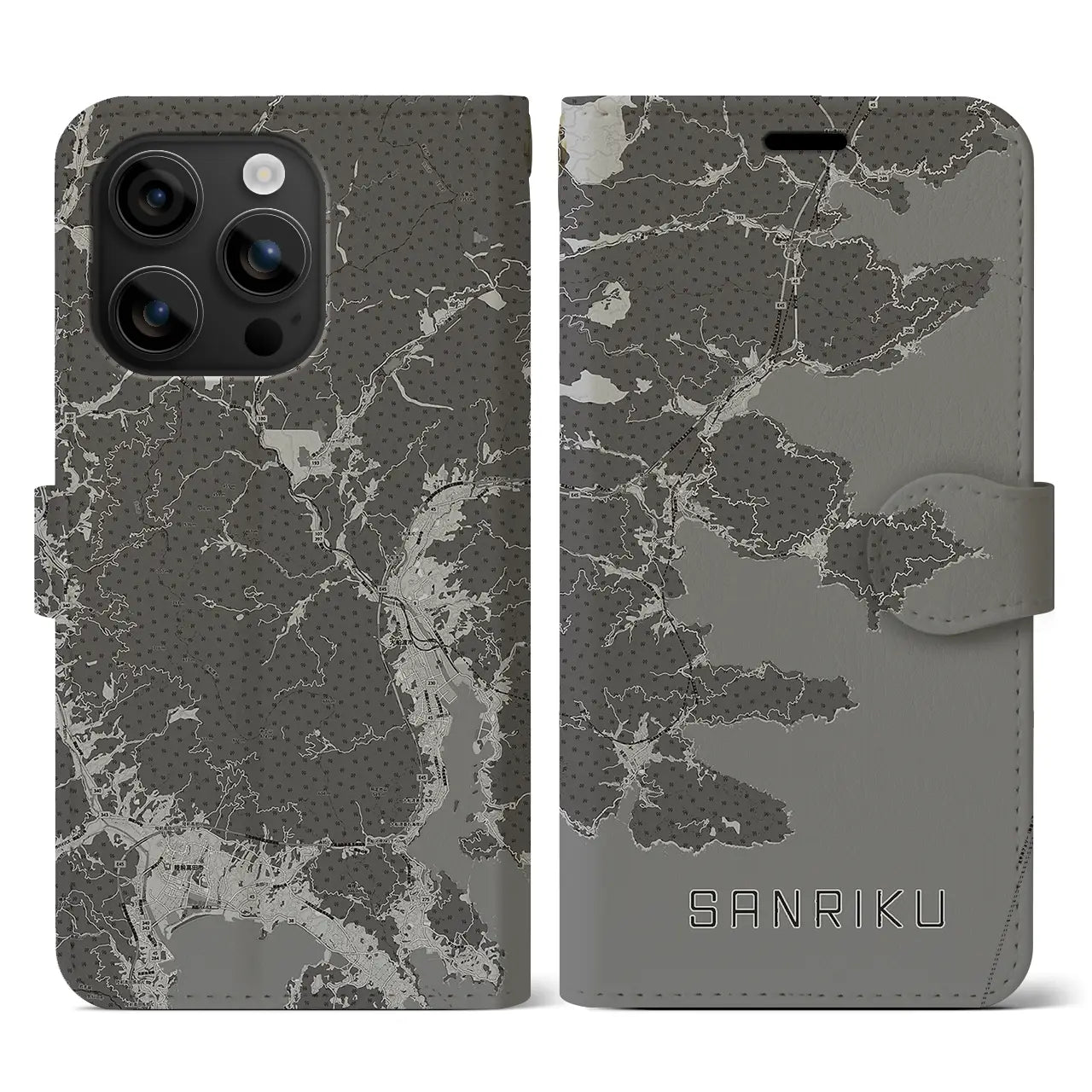 【三陸(岩手県)】地図柄iPhoneケース(手帳タイプ)モノトーン・iPhone 16 用