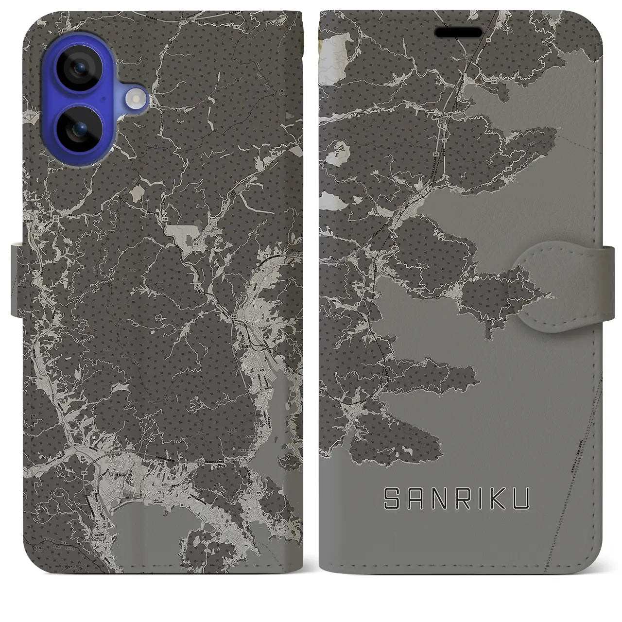 【三陸(岩手県)】地図柄iPhoneケース(手帳タイプ)モノトーン・iPhone 16 Pro Max 用