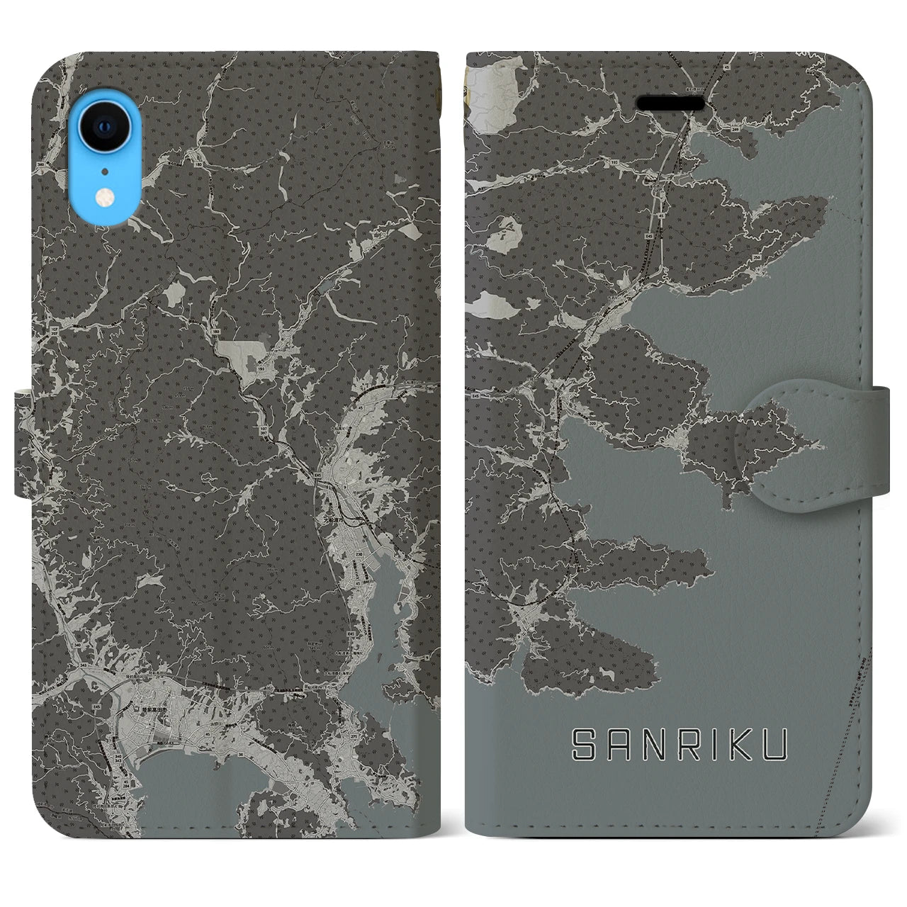 【三陸(岩手県)】地図柄iPhoneケース(手帳タイプ)モノトーン・iPhone XR 用