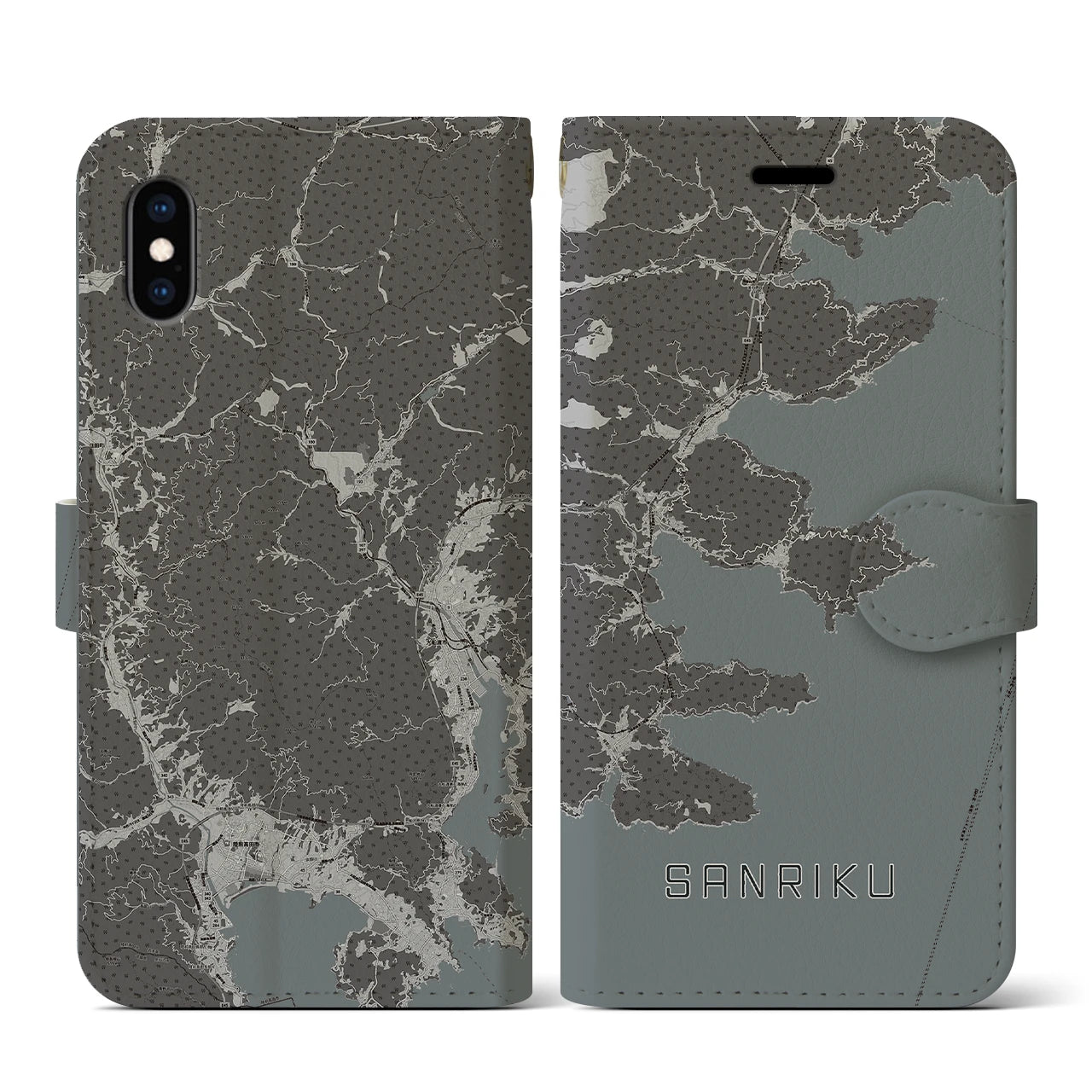 【三陸(岩手県)】地図柄iPhoneケース(手帳タイプ)モノトーン・iPhone XS / X 用