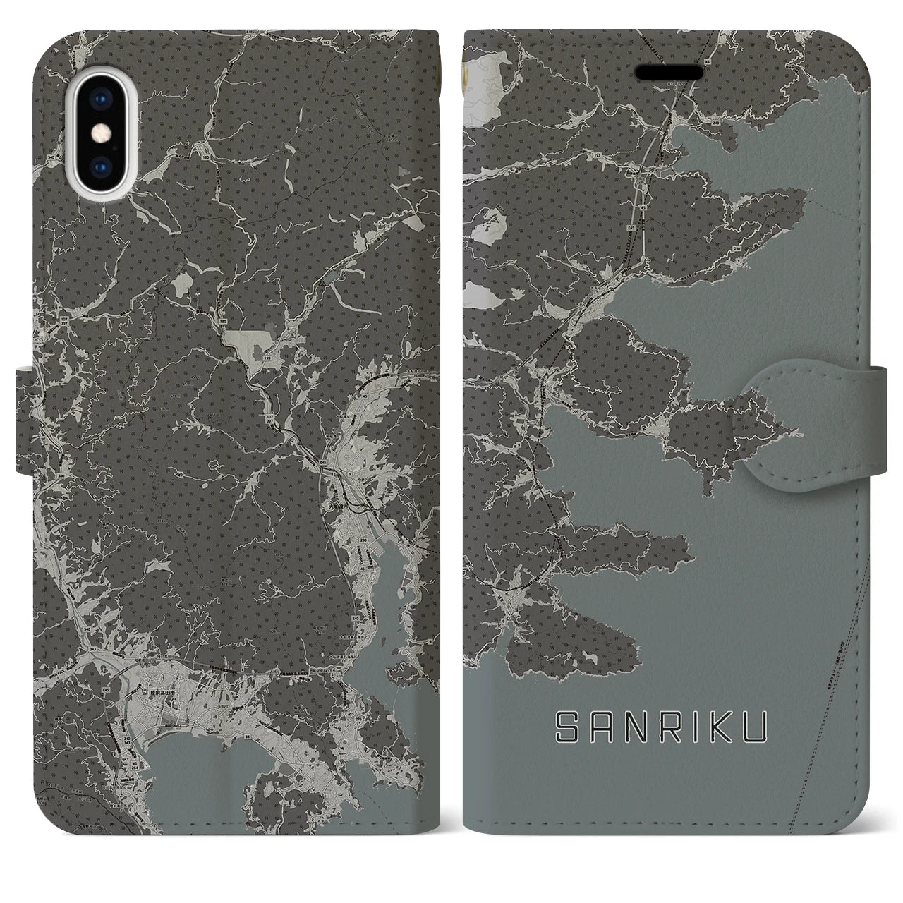 【三陸(岩手県)】地図柄iPhoneケース(手帳タイプ)モノトーン・iPhone XS Max 用