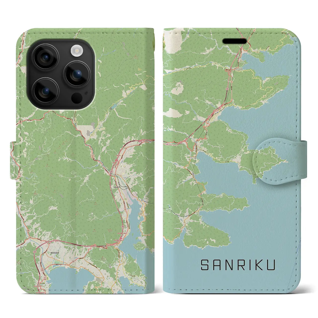 【三陸(岩手県)】地図柄iPhoneケース(手帳タイプ)ナチュラル・iPhone 16 用