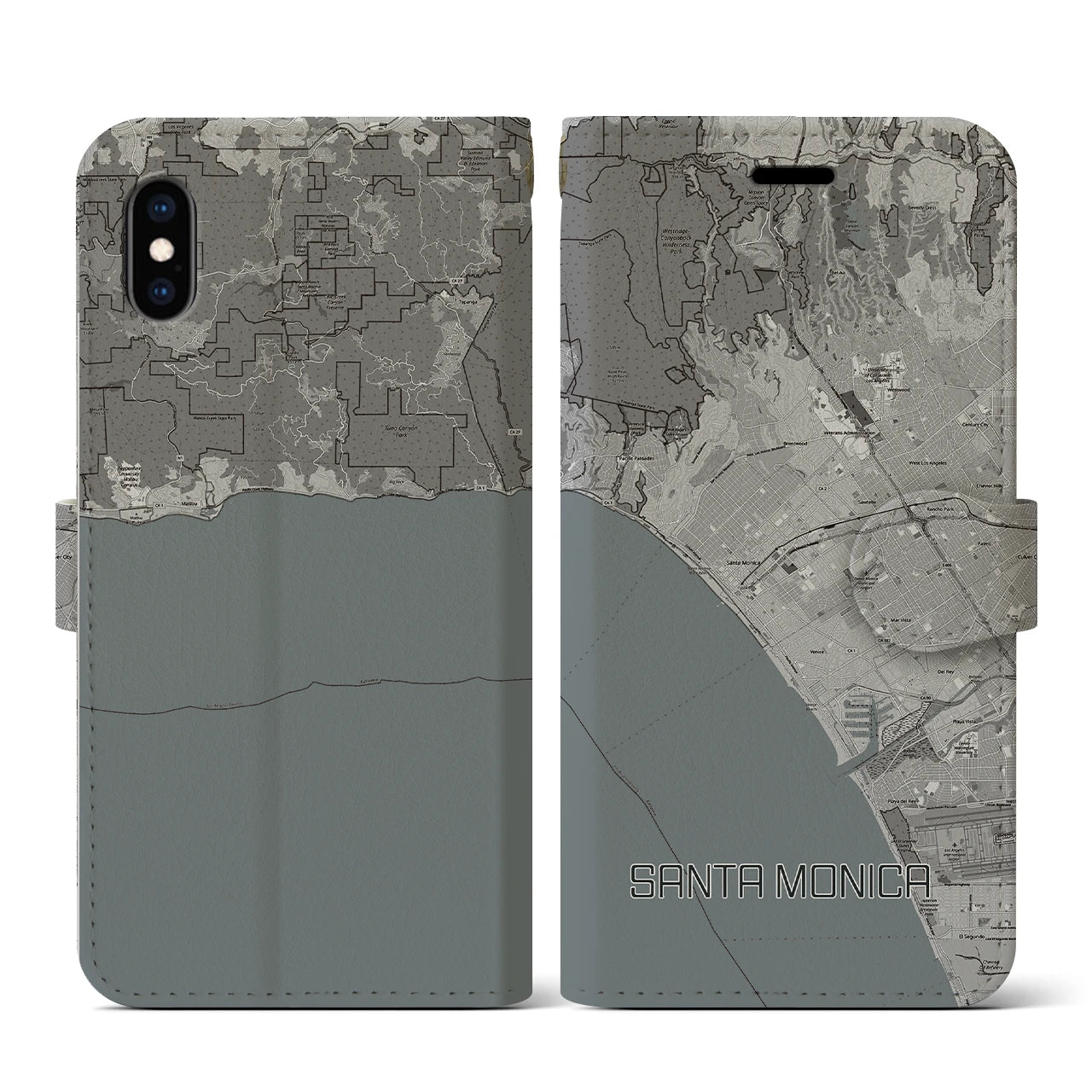 【サンタモニカ(アメリカ)】地図柄iPhoneケース(手帳タイプ)モノトーン・iPhone XS / X 用