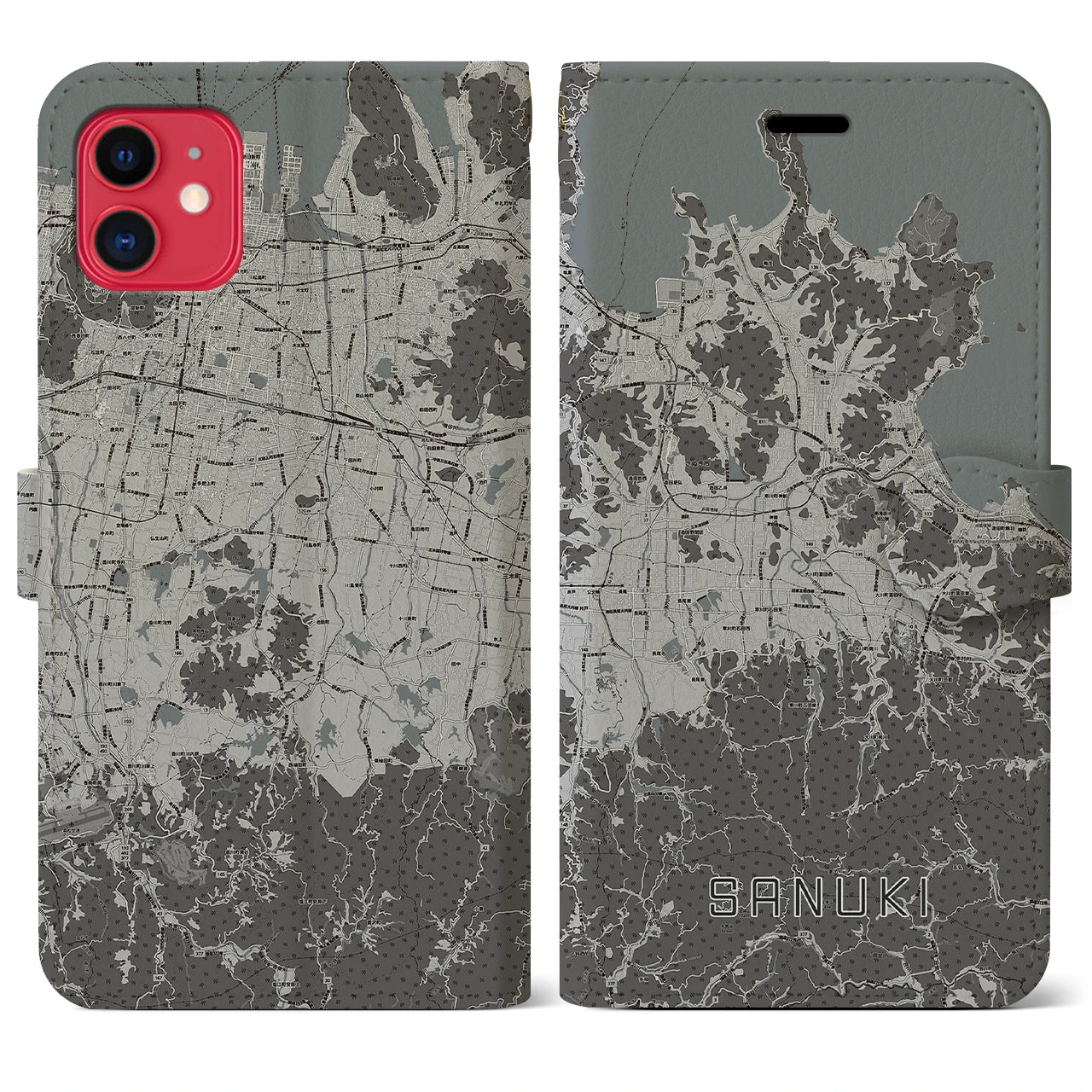 【さぬき(香川県)】地図柄iPhoneケース(手帳タイプ)モノトーン・iPhone 11 用