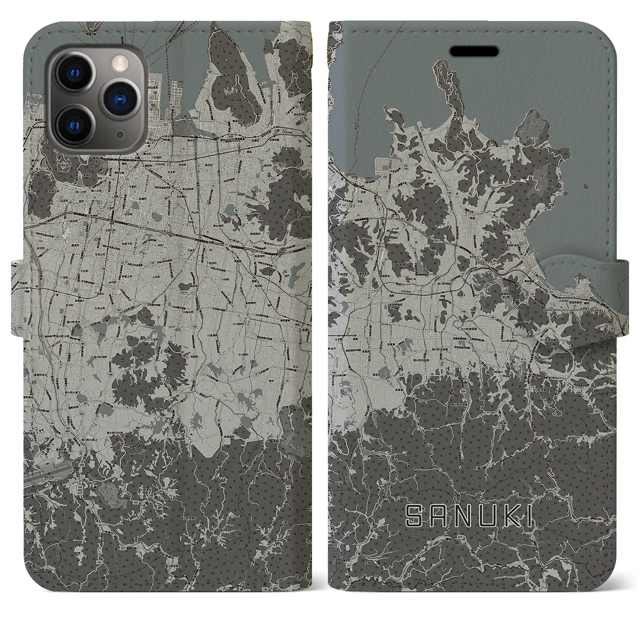 【さぬき(香川県)】地図柄iPhoneケース(手帳タイプ)モノトーン・iPhone 11 Pro Max 用